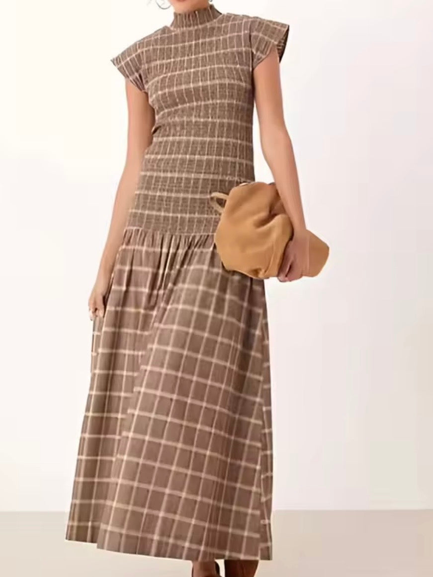 Brown and beige checkered maxi dress