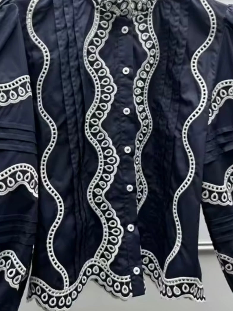 Navy blue and white wavy embroidered lanterns long sleeves shirt
