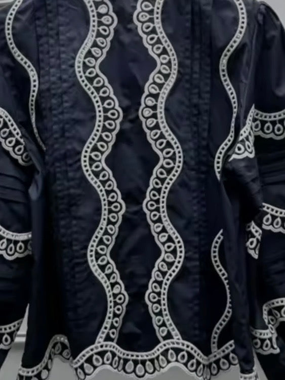 Navy blue and white wavy embroidered lanterns long sleeves shirt