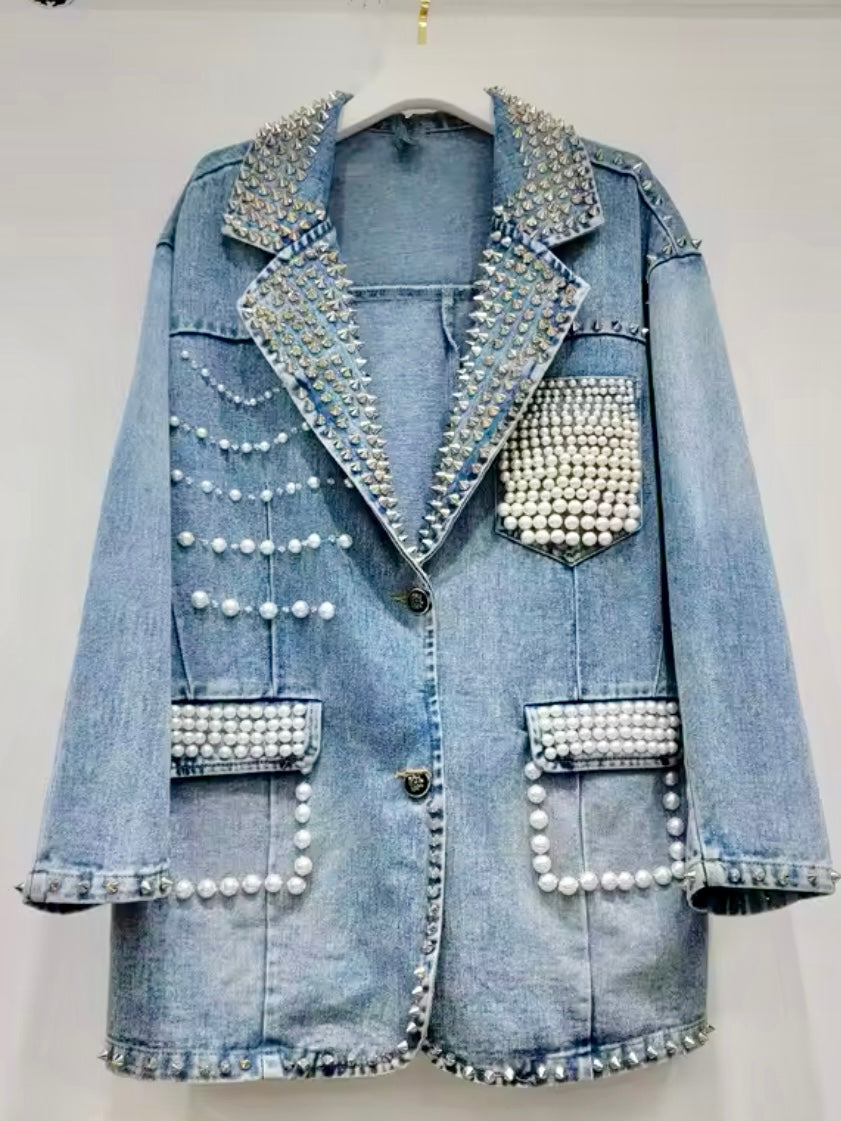 Denim pearls blazer