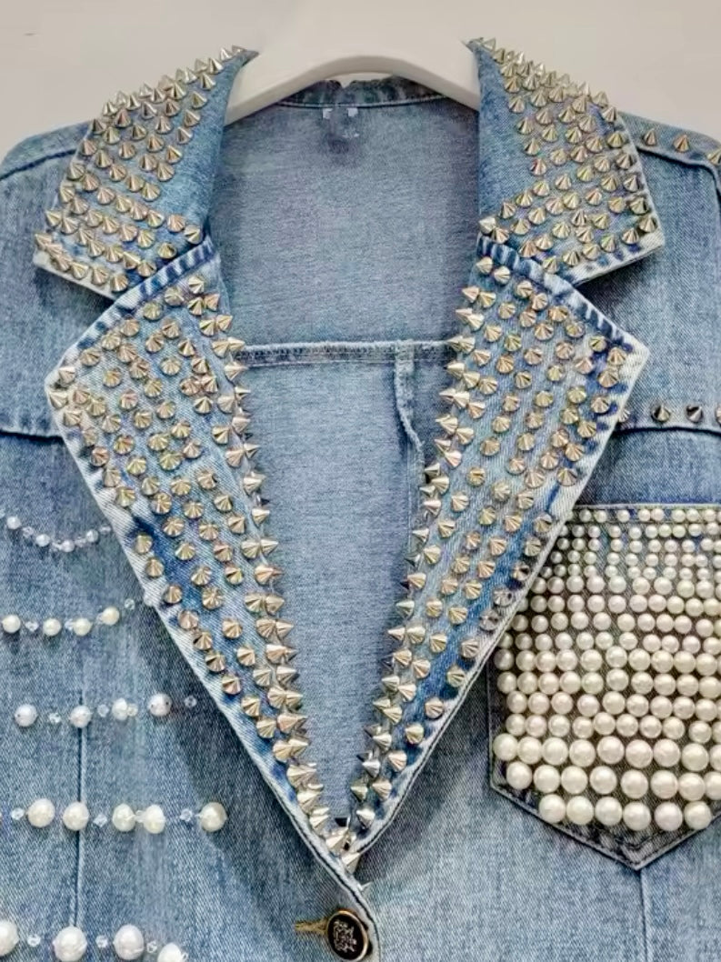 Denim pearls blazer