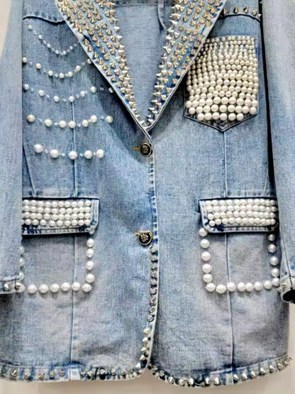 Denim pearls blazer