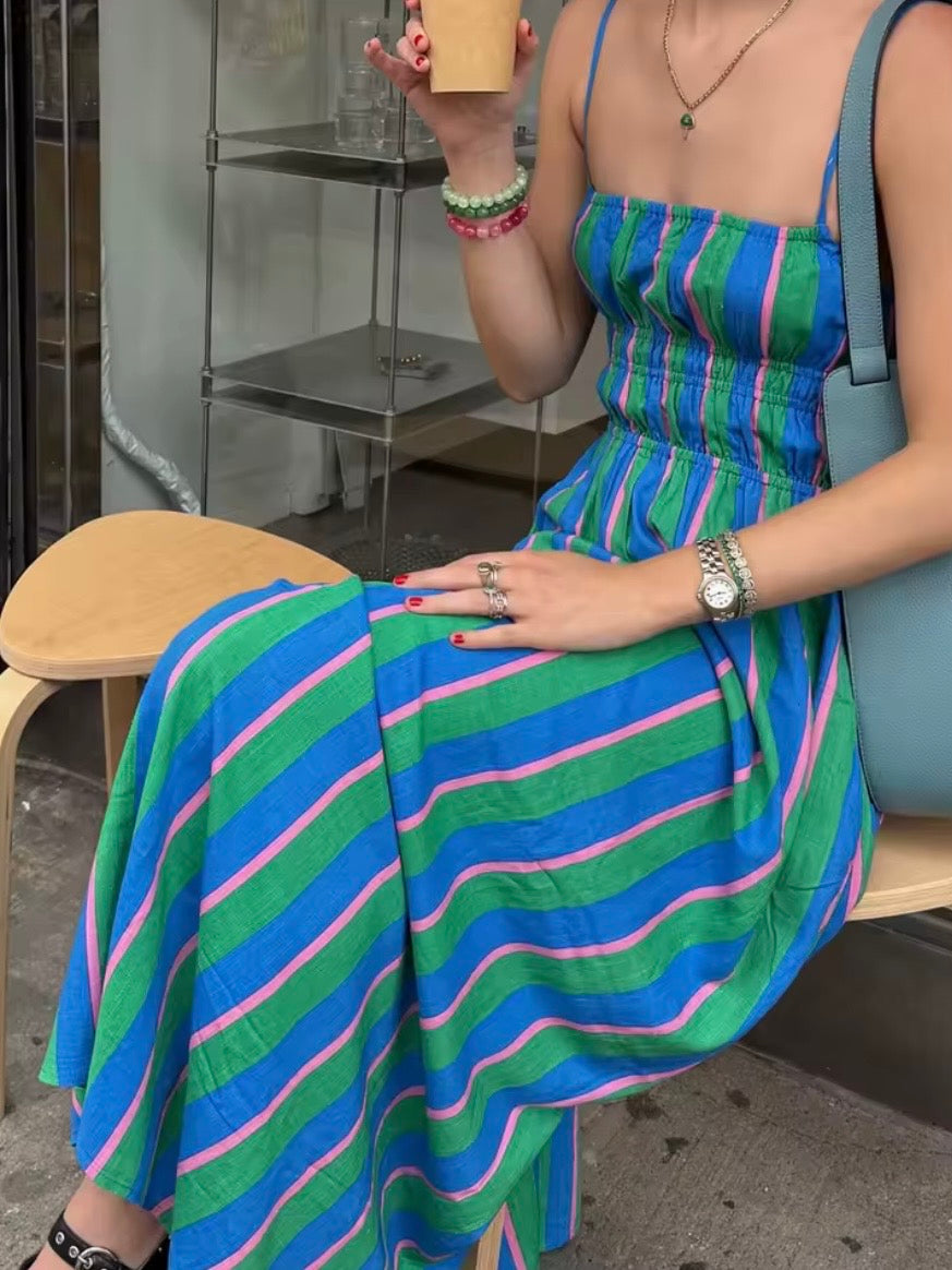 Green and blue striped square neck straps maxi dress