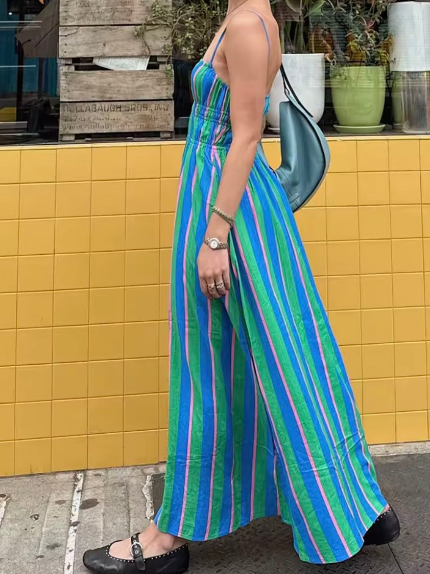 Green and blue striped square neck straps maxi dress