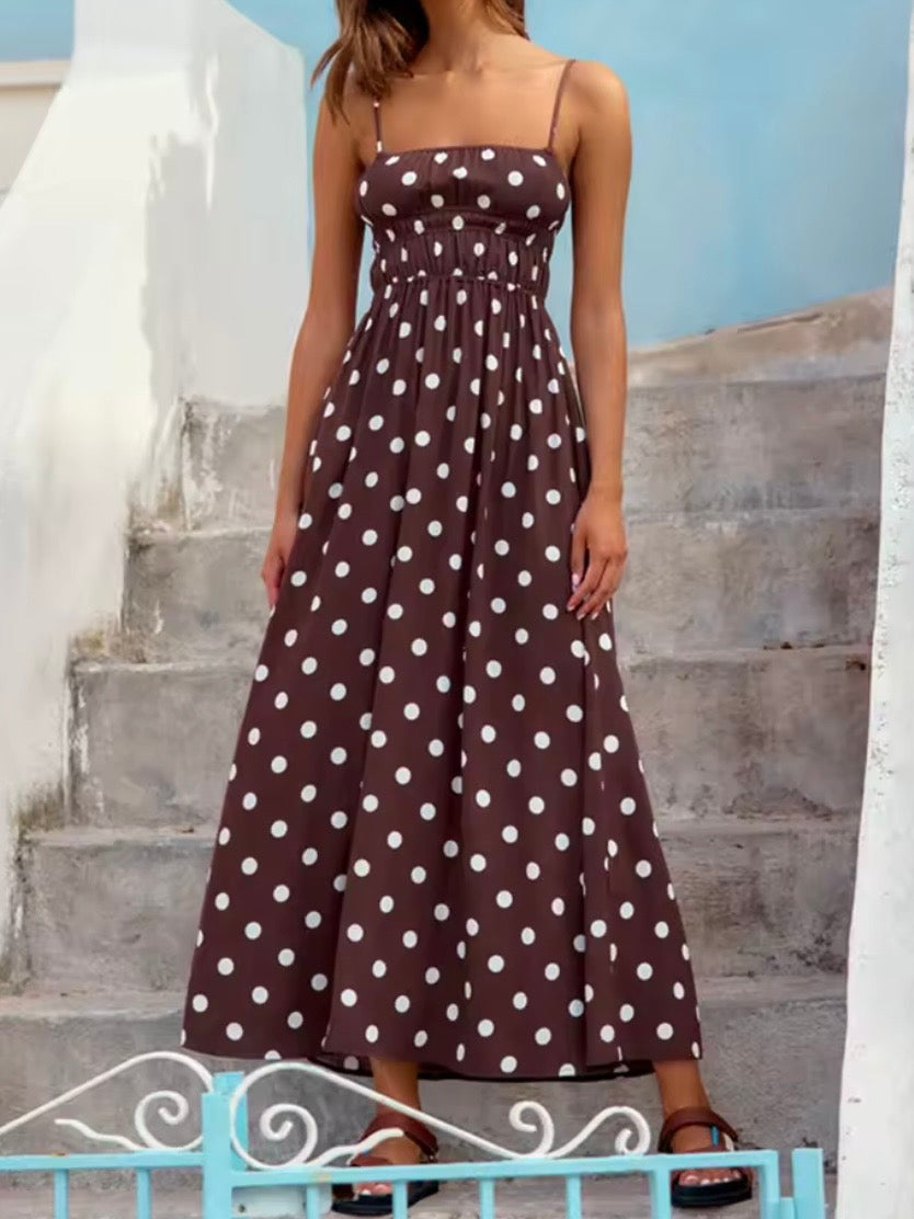 Brown polka dot square neck straps maxi dress