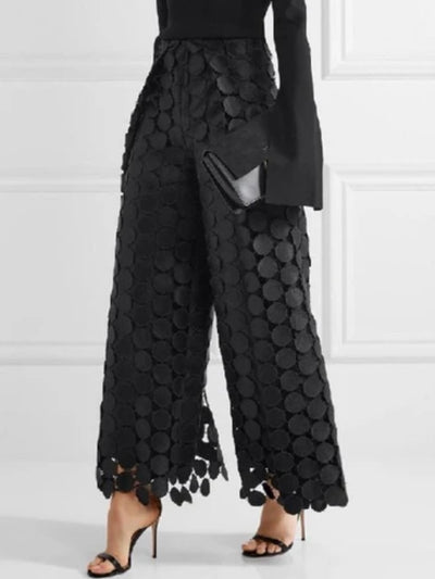 Black hexagon fabric wide pants