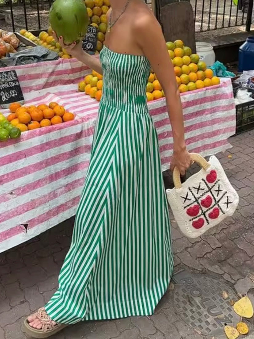 Green striped square neck strapless maxi dress