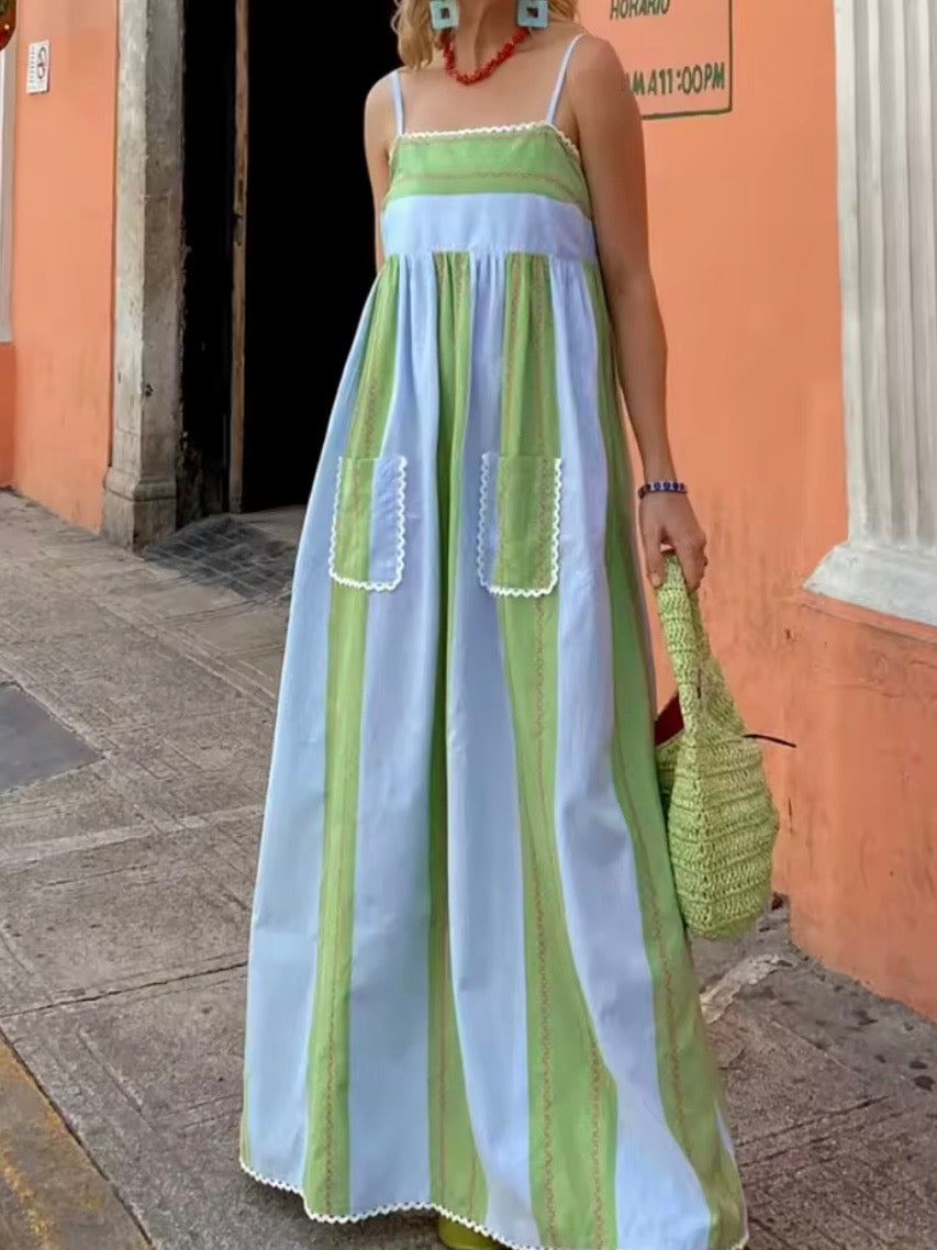 Green and blue striped square neck straps loose fit maxi dress