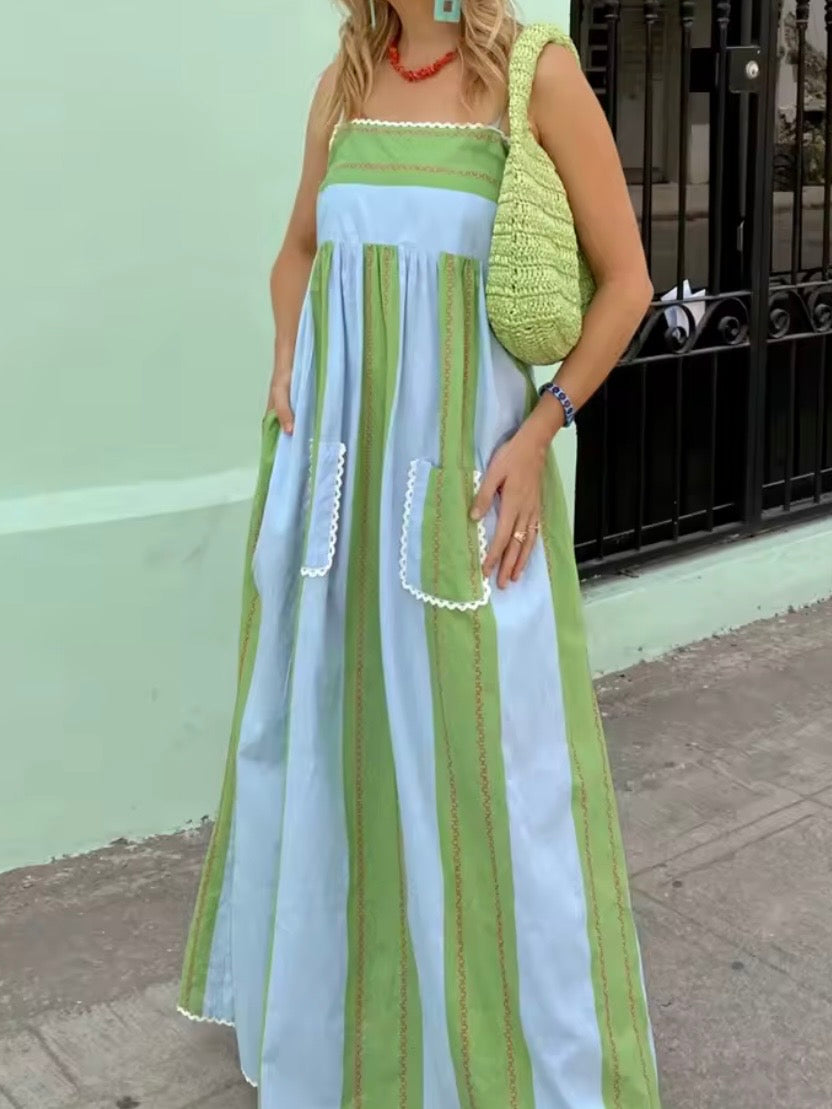 Green and blue striped square neck straps loose fit maxi dress