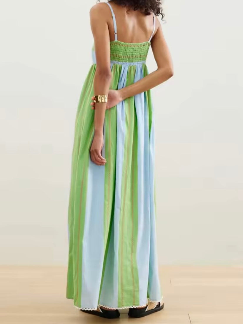 Green and blue striped square neck straps loose fit maxi dress