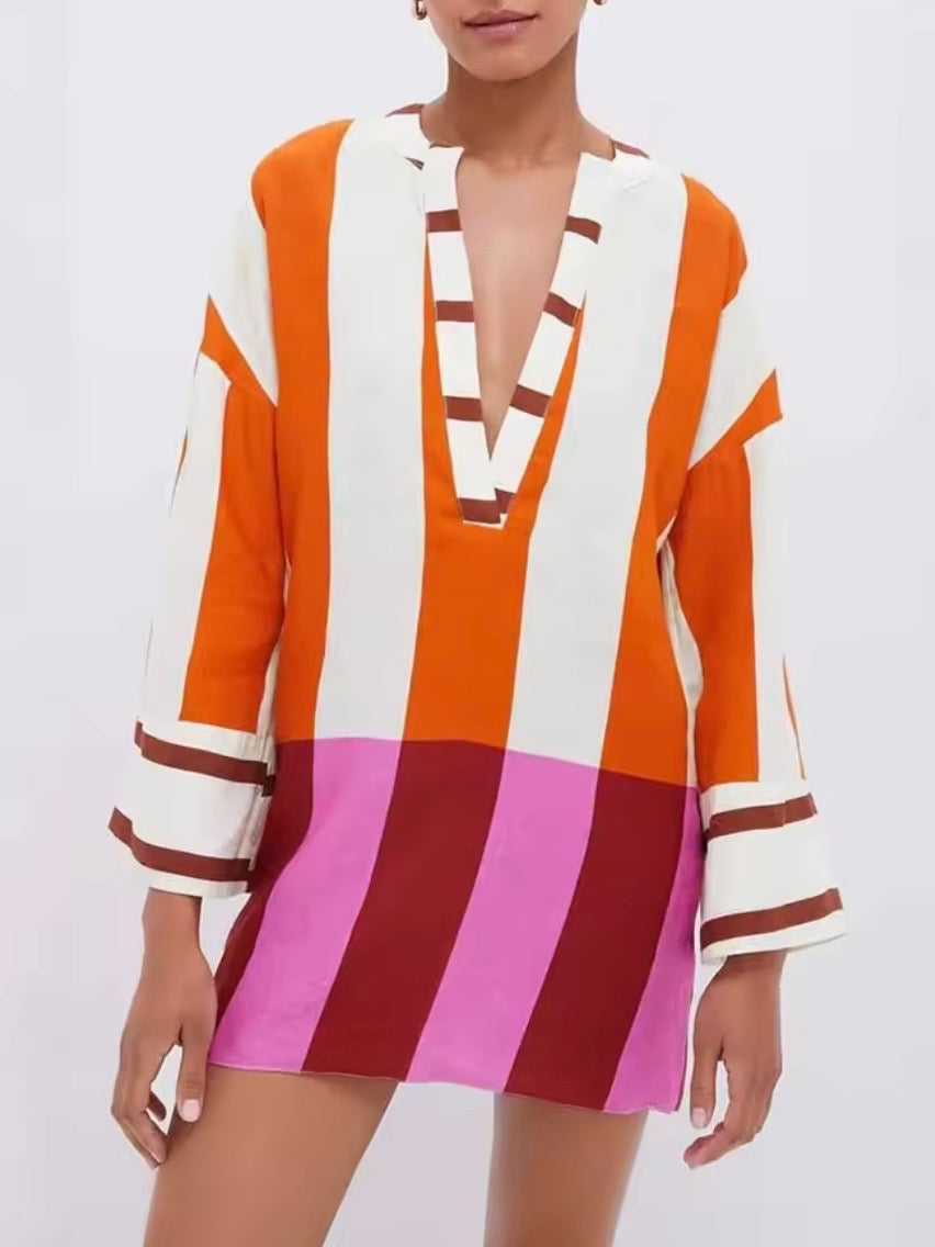 Orange and white striped long sleeves mini dress