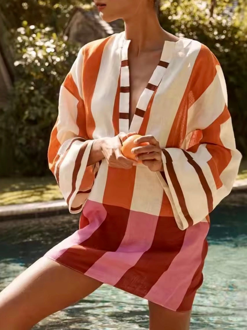 Orange and white striped long sleeves mini dress