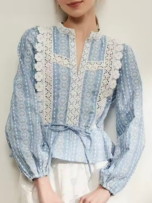 Beige and blue ruffles and lace stripes shirt