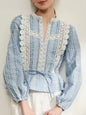 Beige and blue ruffles and lace stripes shirt