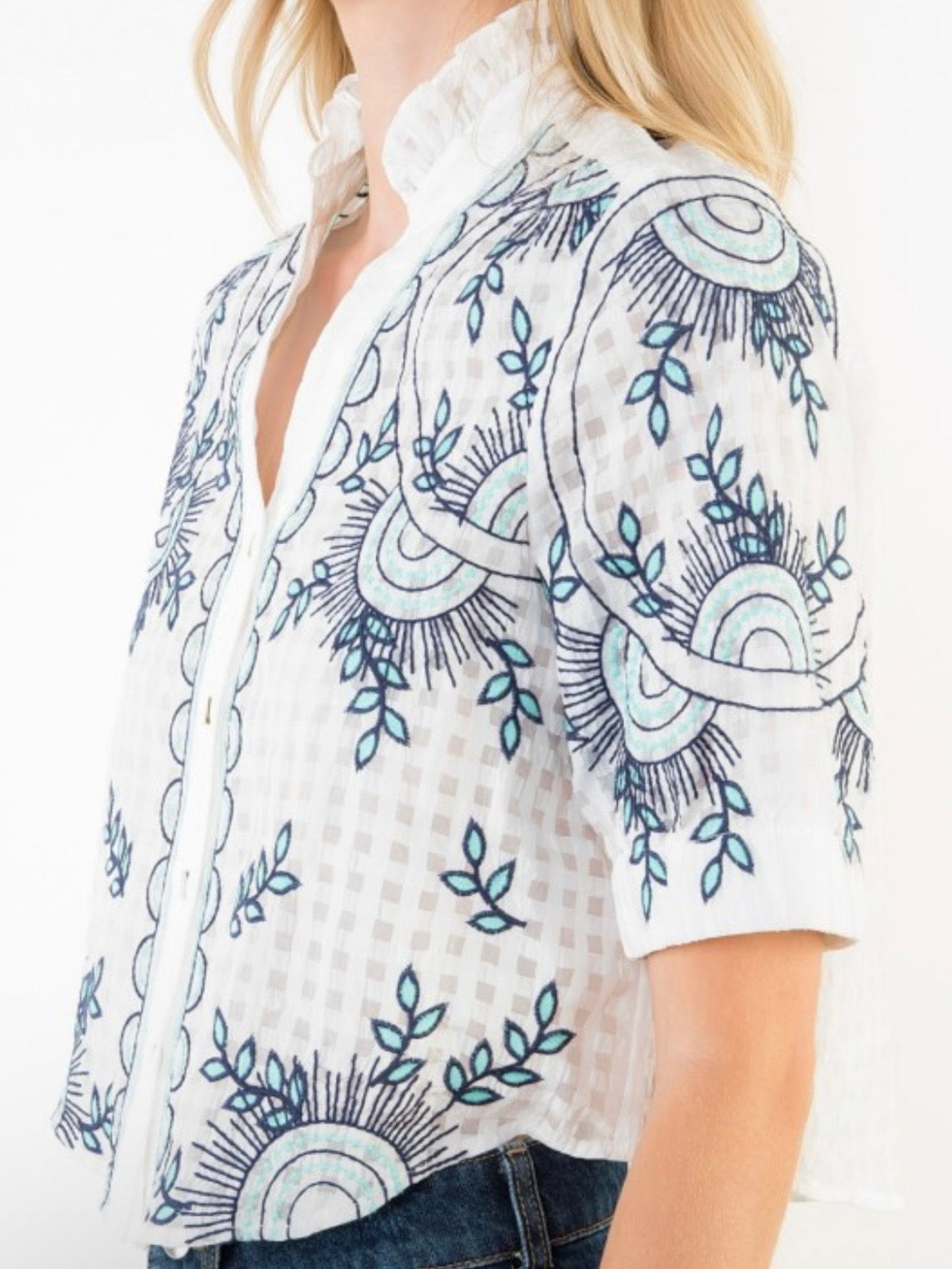 White and blue textured fabric shirt