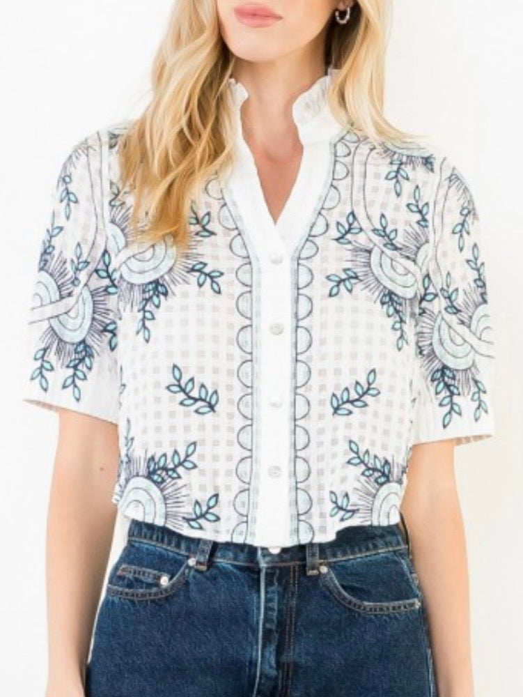 White and blue textured fabric shirt