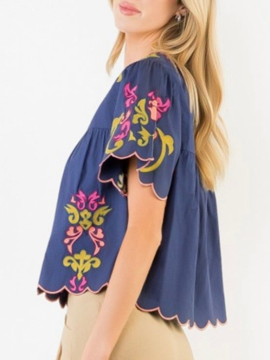 Navy blue floral colored embroidered short sleeves blouse top
