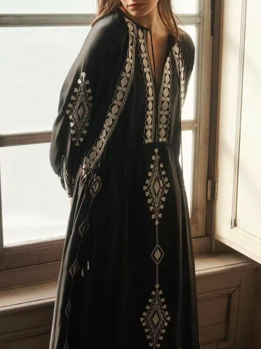 Black embroidered boho maxi dress