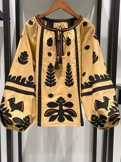 Yellow and black floral embroidered bomber sleeves shirt