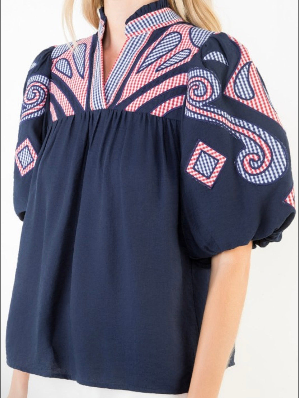Navy blue checkered patches puff short sleeves blouse top
