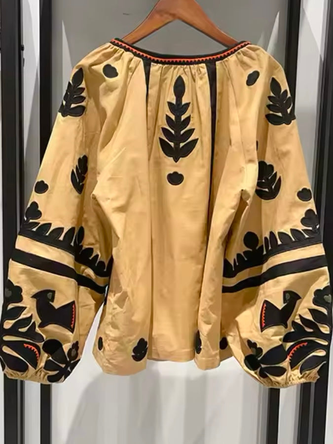 Yellow and black floral embroidered bomber sleeves shirt