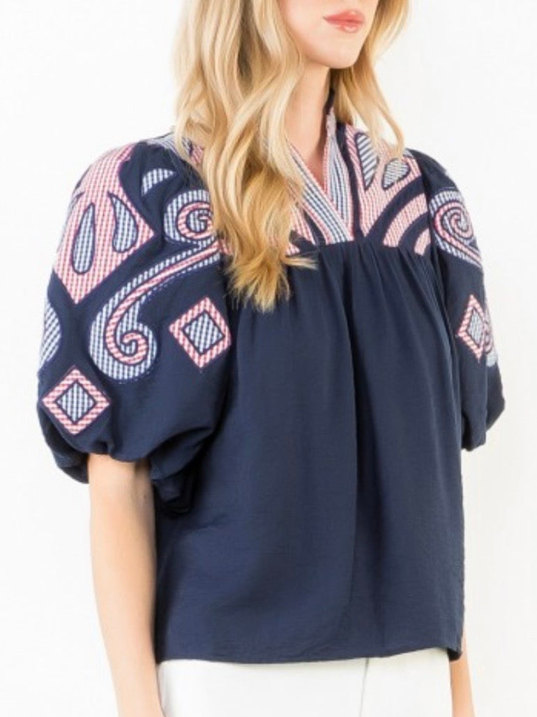 Navy blue checkered patches puff short sleeves blouse top
