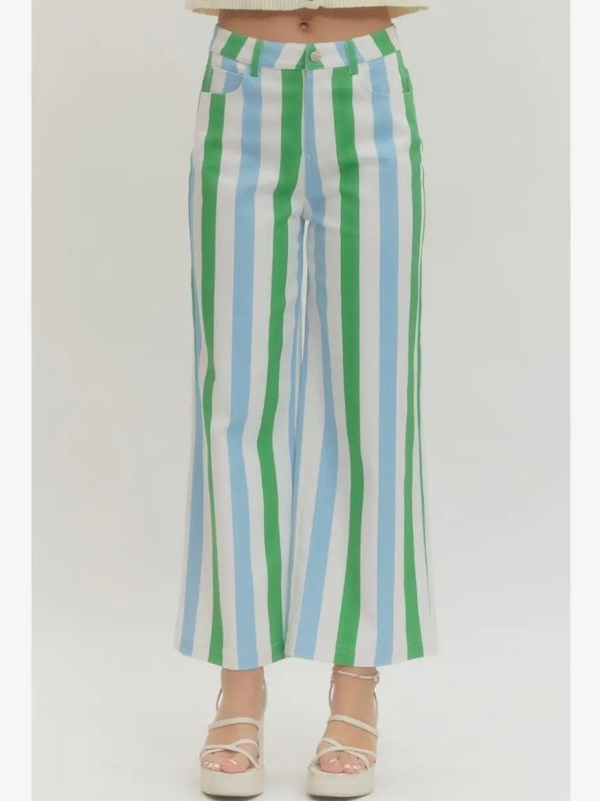 Color striped fabric straight Capri pants