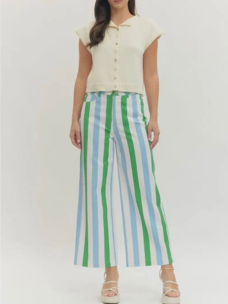 Color striped fabric straight Capri pants