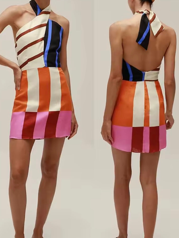 Orange and white striped sleeveless mini dress
