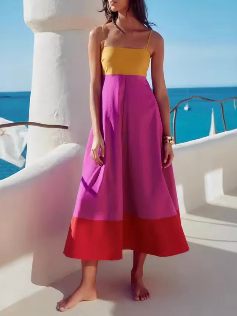 Fuchsia, red and yellow square neck straps loose fit maxi dress