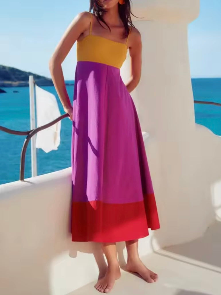 Fuchsia, red and yellow square neck straps loose fit maxi dress