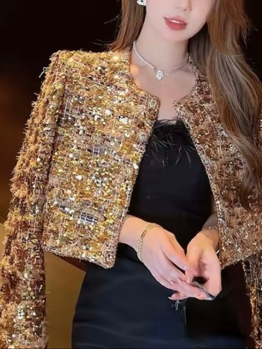 Gold crop top tweed sequins jacket