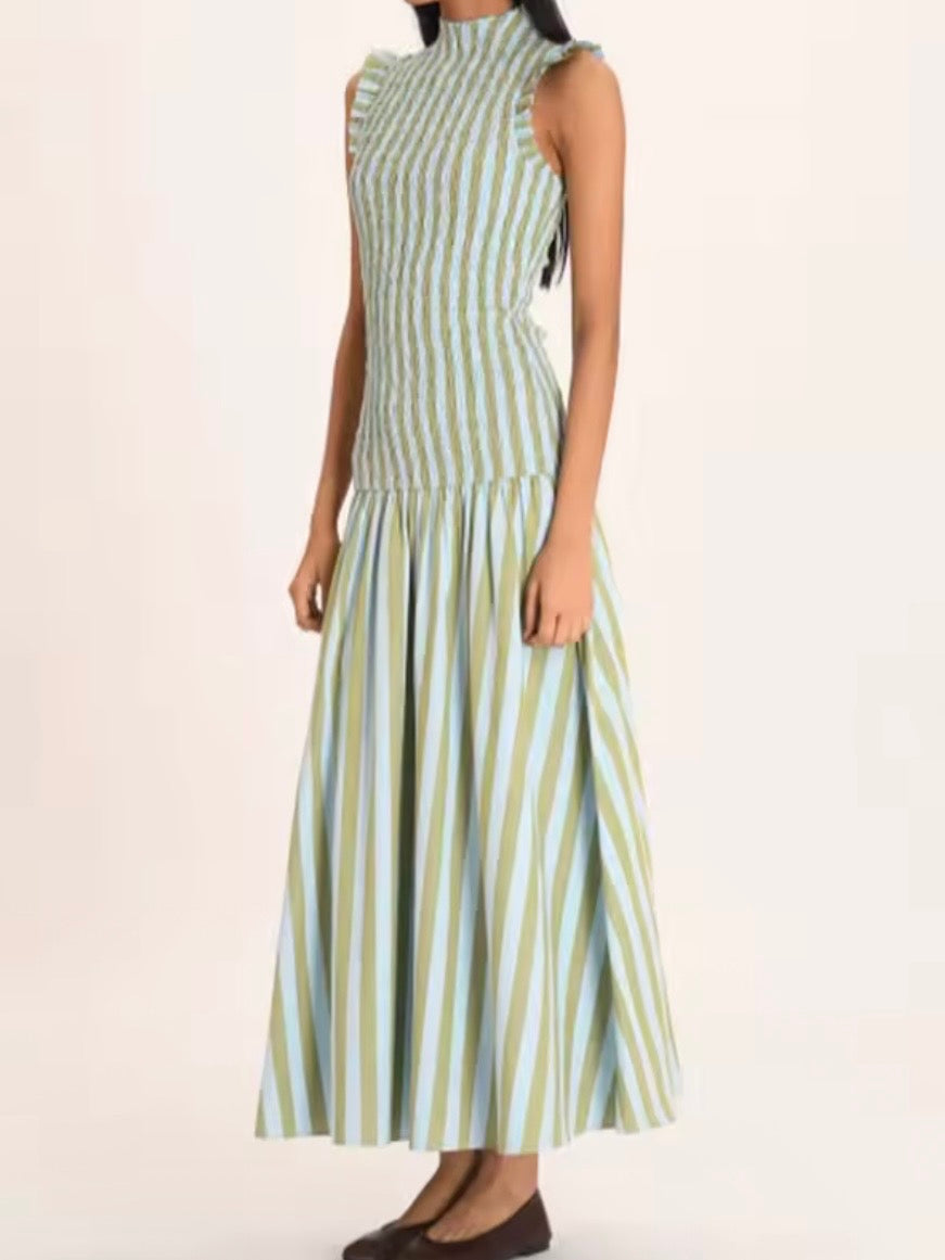 Light blue and light green striped draped maxi dress