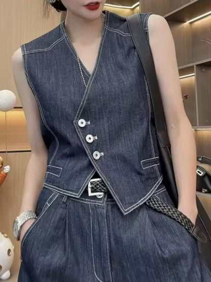 Dark blue denim set of 2 vest top and pants