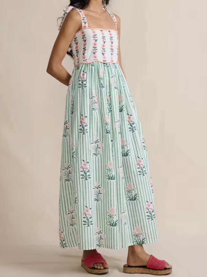 White, pink and green striped floral printed square neck straps loose fit maxi dress