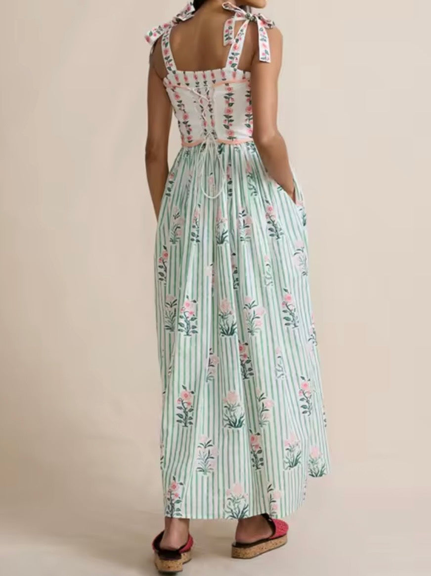 White, pink and green striped floral printed square neck straps loose fit maxi dress