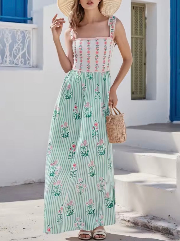 White, pink and green striped floral printed square neck straps loose fit maxi dress