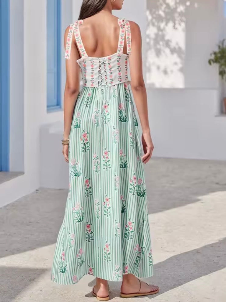 White, pink and green striped floral printed square neck straps loose fit maxi dress