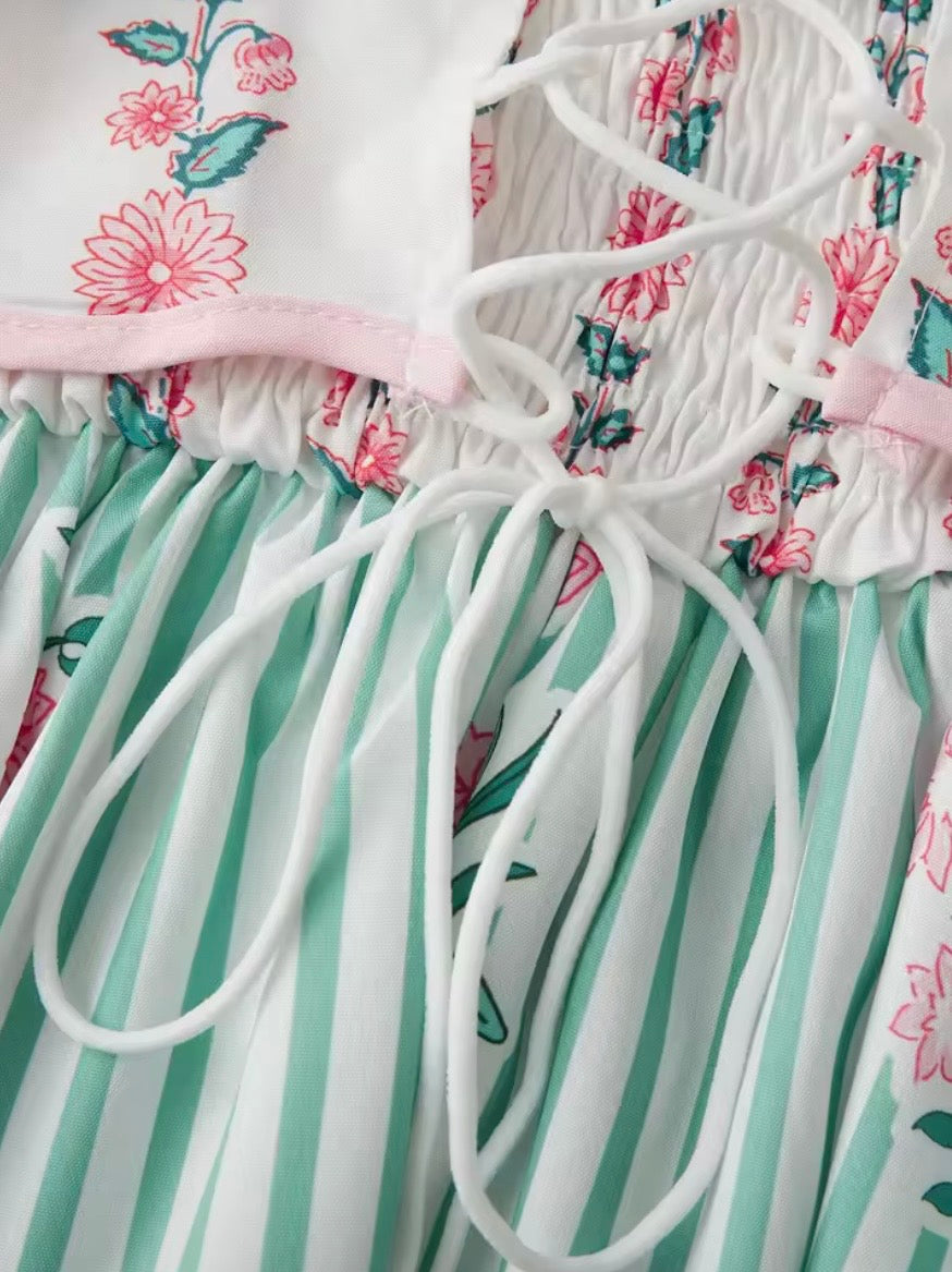 White, pink and green striped floral printed square neck straps loose fit maxi dress