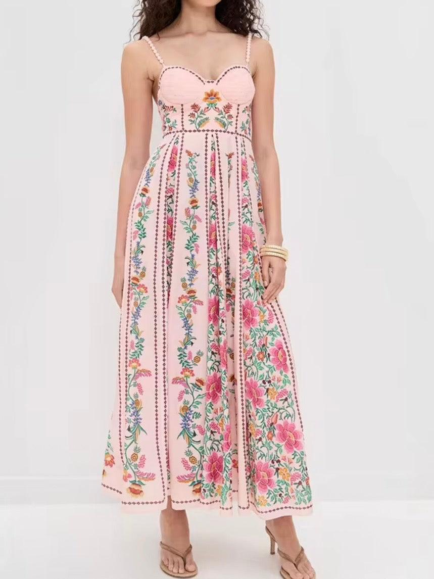 Pink and green striped floral printed square neck straps loose fit maxi dress