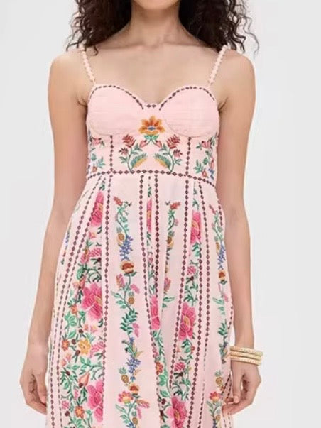 Pink and green striped floral printed square neck straps loose fit maxi dress