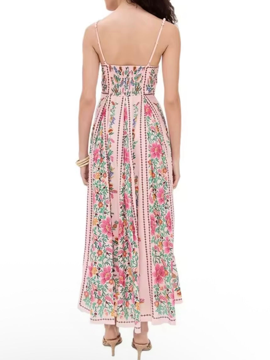 Pink and green striped floral printed square neck straps loose fit maxi dress
