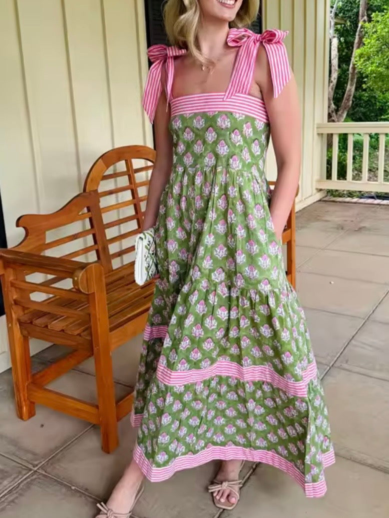 Blue, white, pink and green floral printed square neck straps loose fit maxi dress