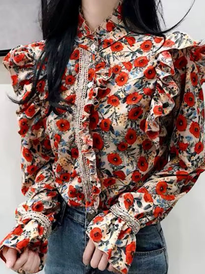 Red and beige floral print shirt