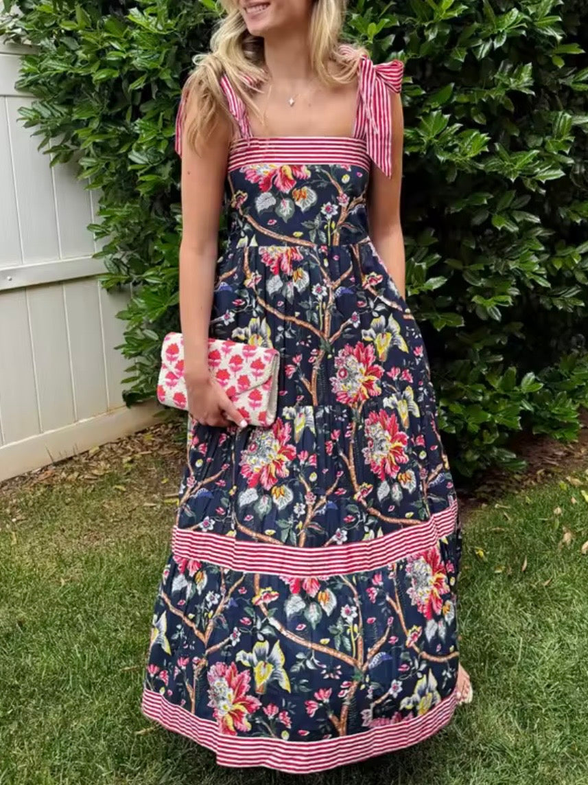 Blue, white, pink and green floral printed square neck straps loose fit maxi dress