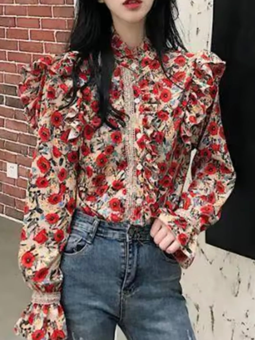 Red and beige floral print shirt