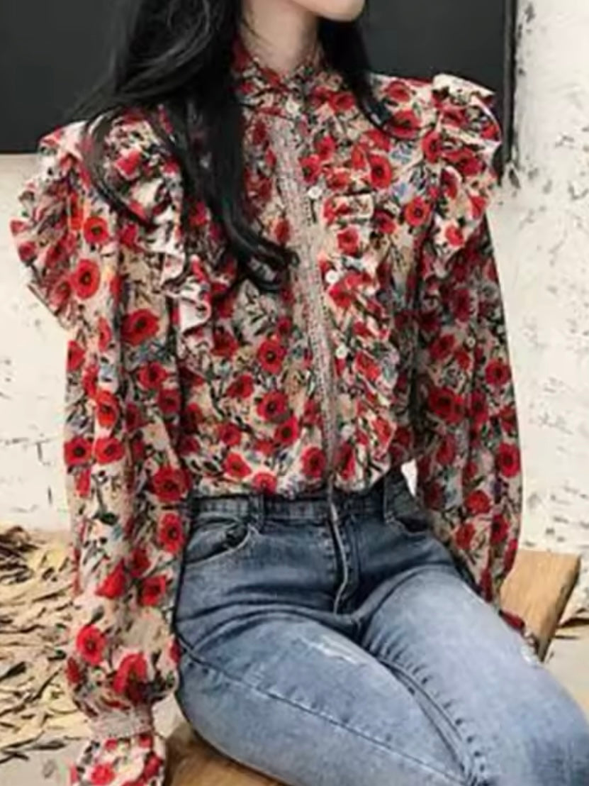 Red and beige floral print shirt