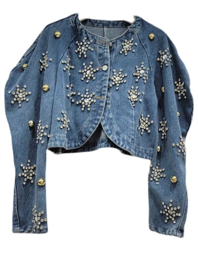 Mid blue flowers stones denim crop top / jacket