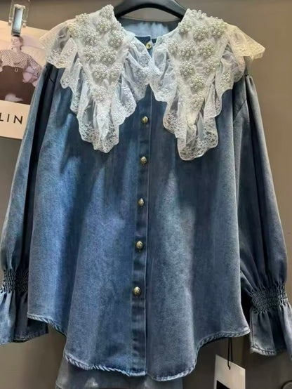 Mid blue denim lace hem shirt long sleeves