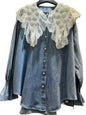 Mid blue denim lace hem shirt long sleeves